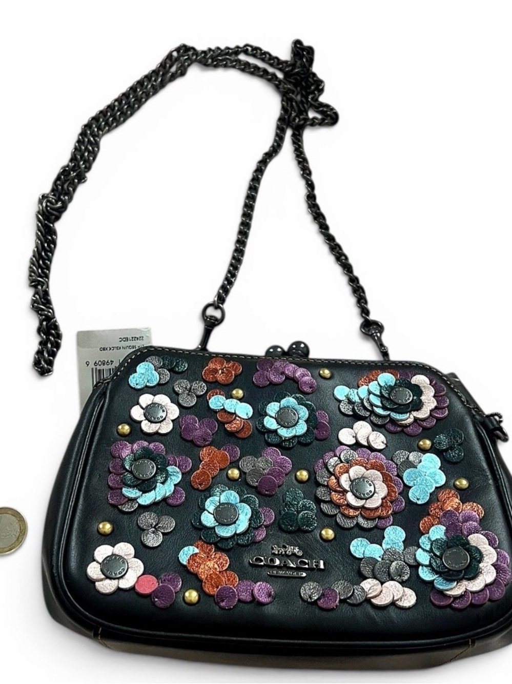 COACH PEARL KISSLOCK TEA ROSE FLORAL LEATHER SEQUIN CROSSBODY F80193 NWT